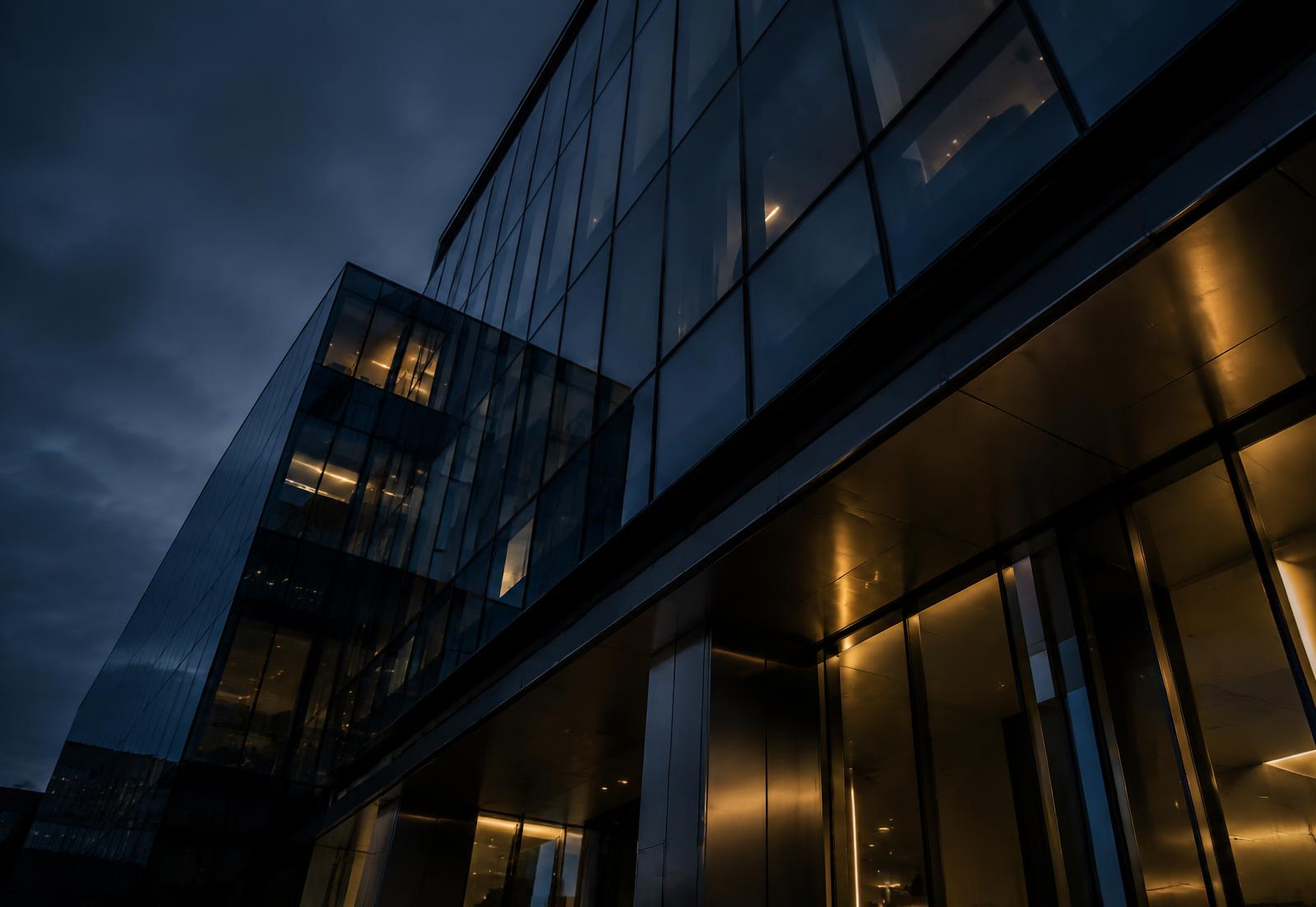 Corporate headquarters facade at dusk